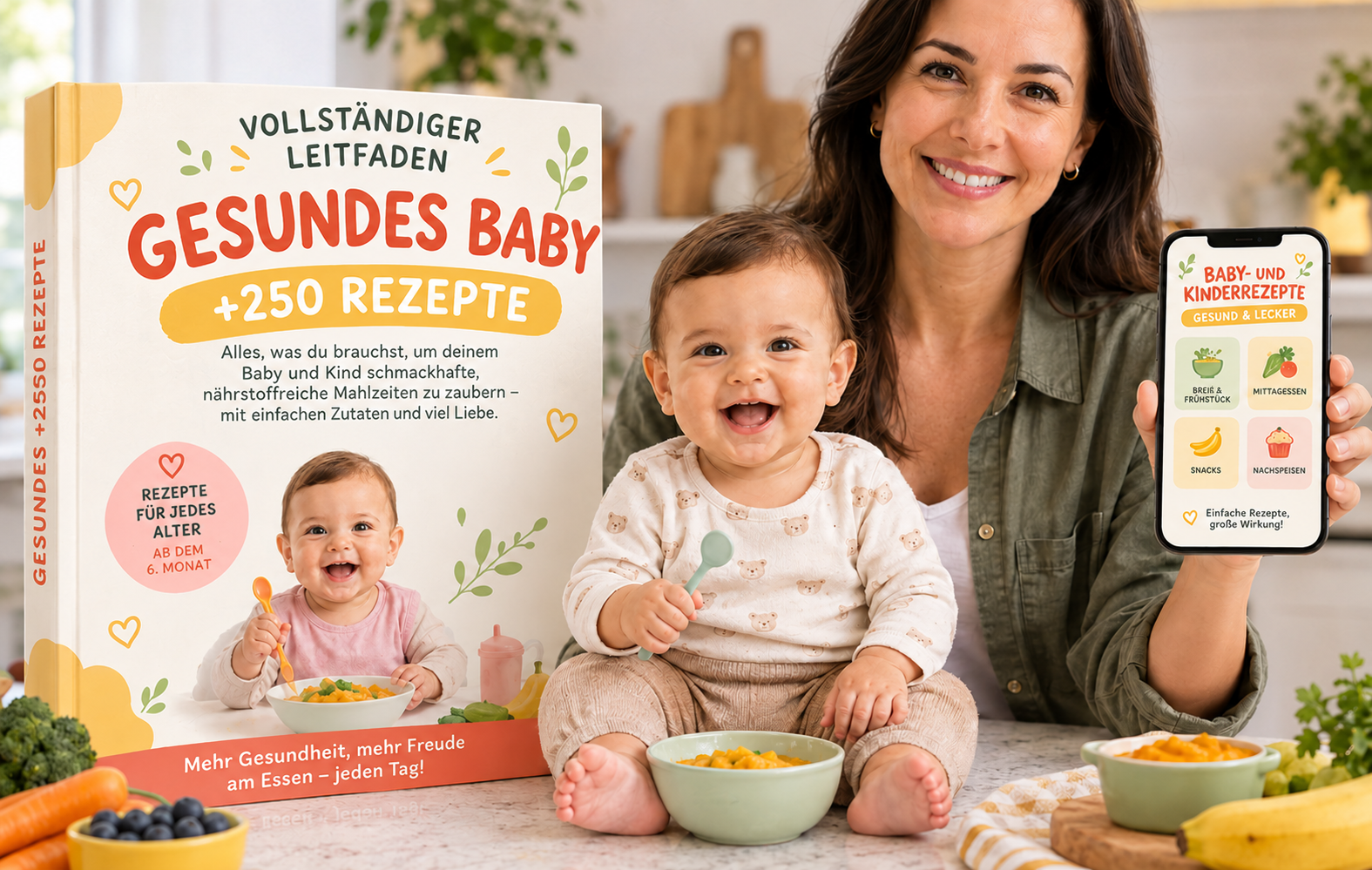 Mutter und Baby neben dem digitalen Rezeptleitfaden für Kinder